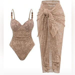 Elegant Tan One-Piece Swimsuit with Cover-Up